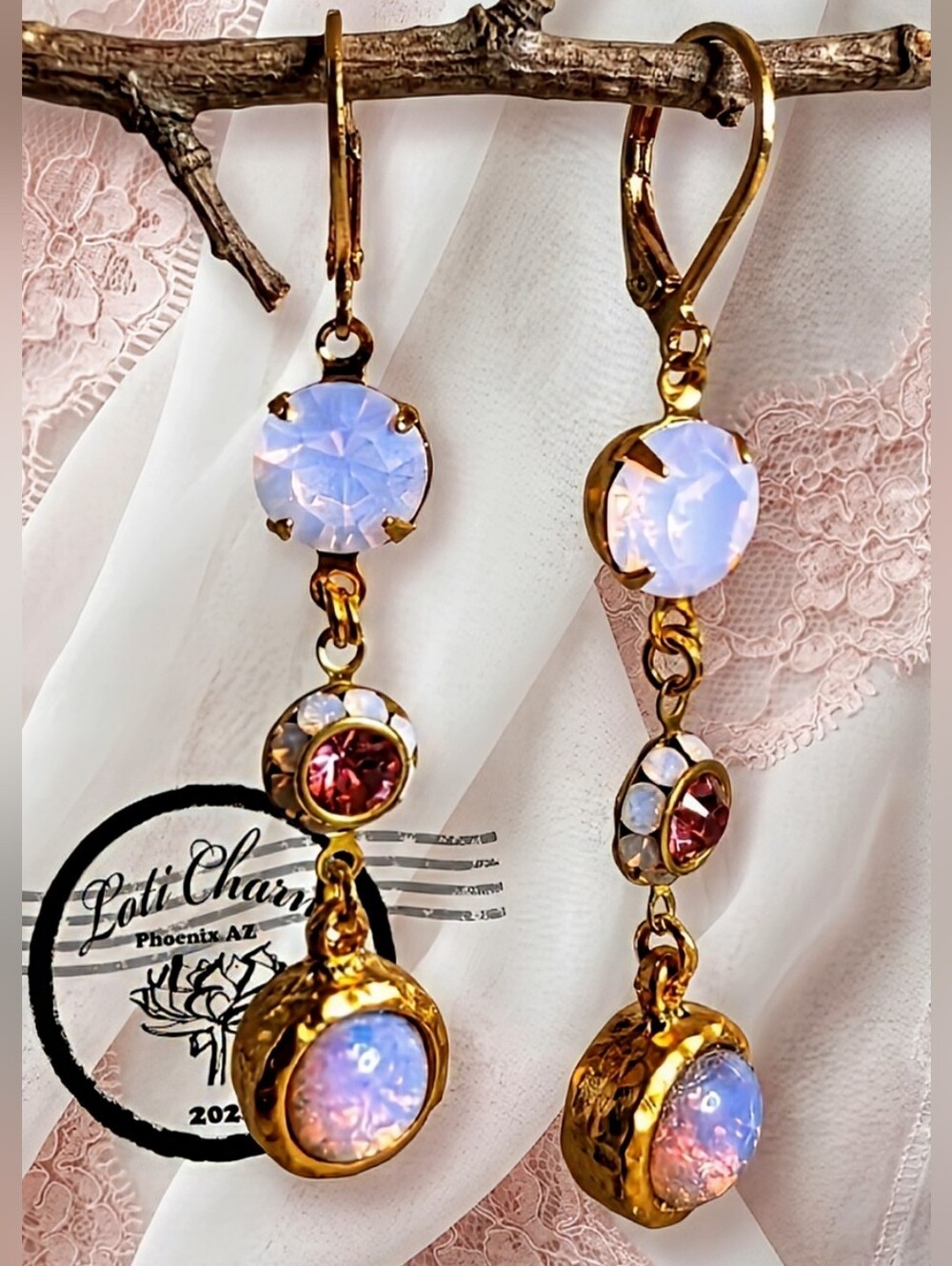 Pink Mystic Fire Opal & Swarovski Rose Opal W/ Crystal Flower Dangle Earrings